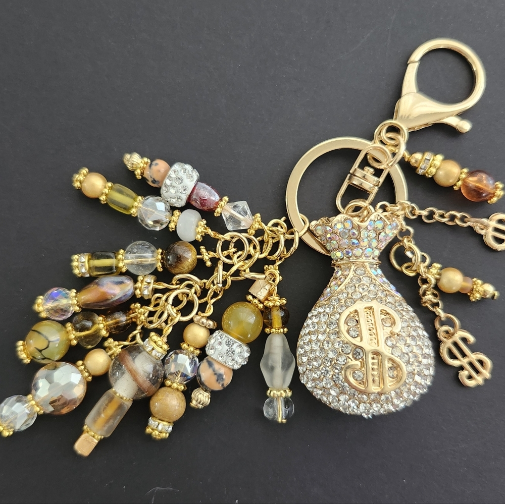 Money Bag Purse Charm or Keychain Rhinestones Agate Jasper Crystals Handcrafted